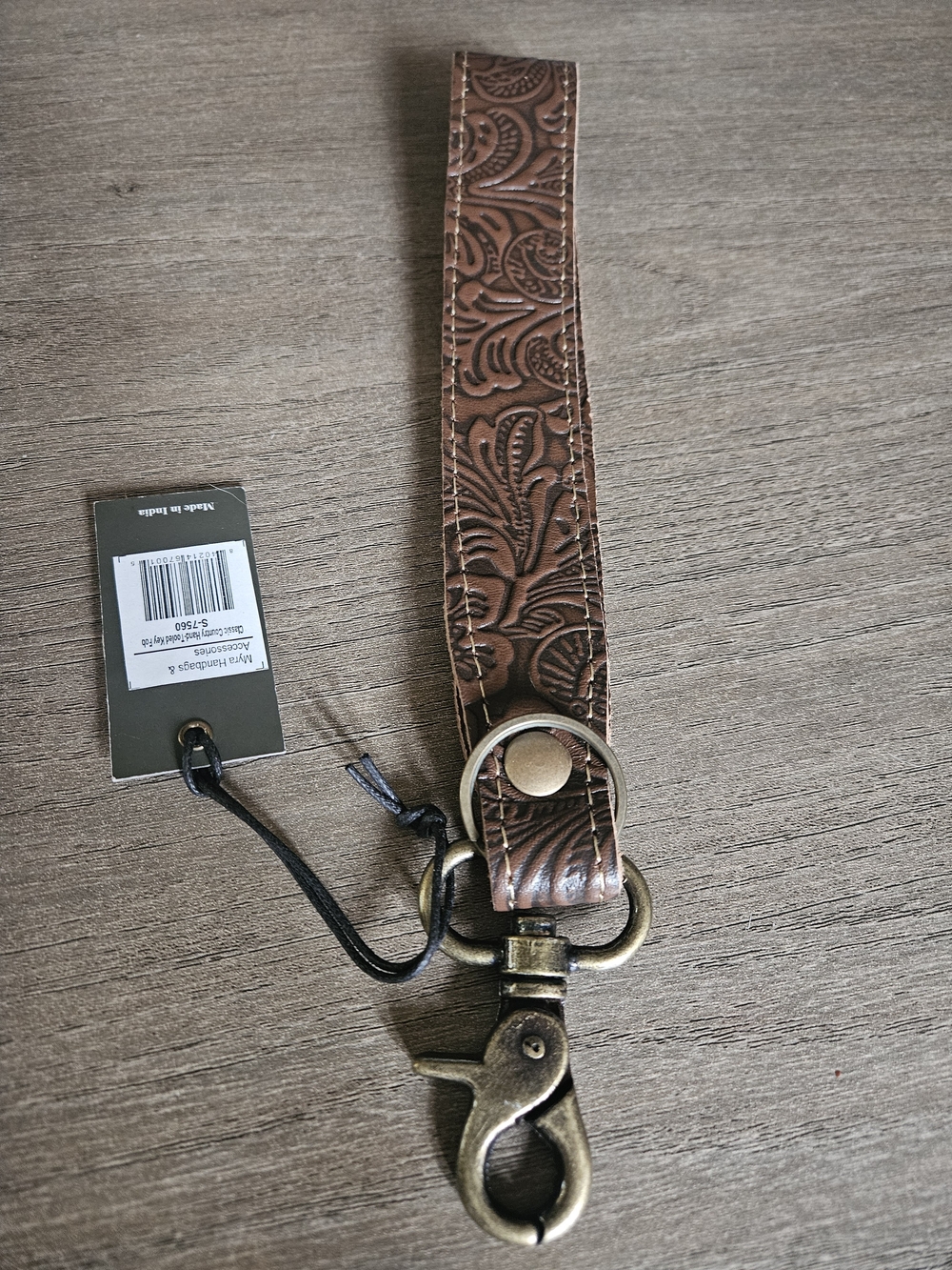 Myra Bag-Brown Tooled Leather Key Fob Wristlet with Antique Brass Clip-NWT